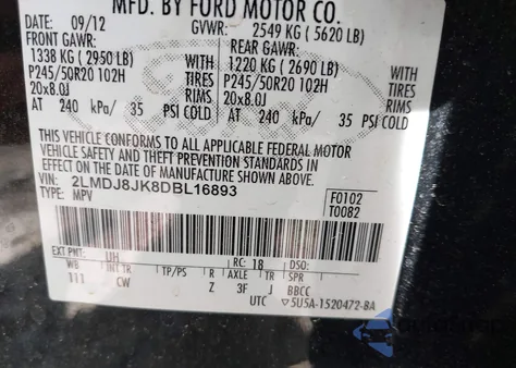 2013 Lincoln Mkx z USA, uszkodzony, nr VIN 2LMDJ8JK8DBL16893